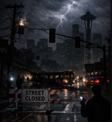 Traffic lights and neighborhoods affected by a widespread power outage in Seattle